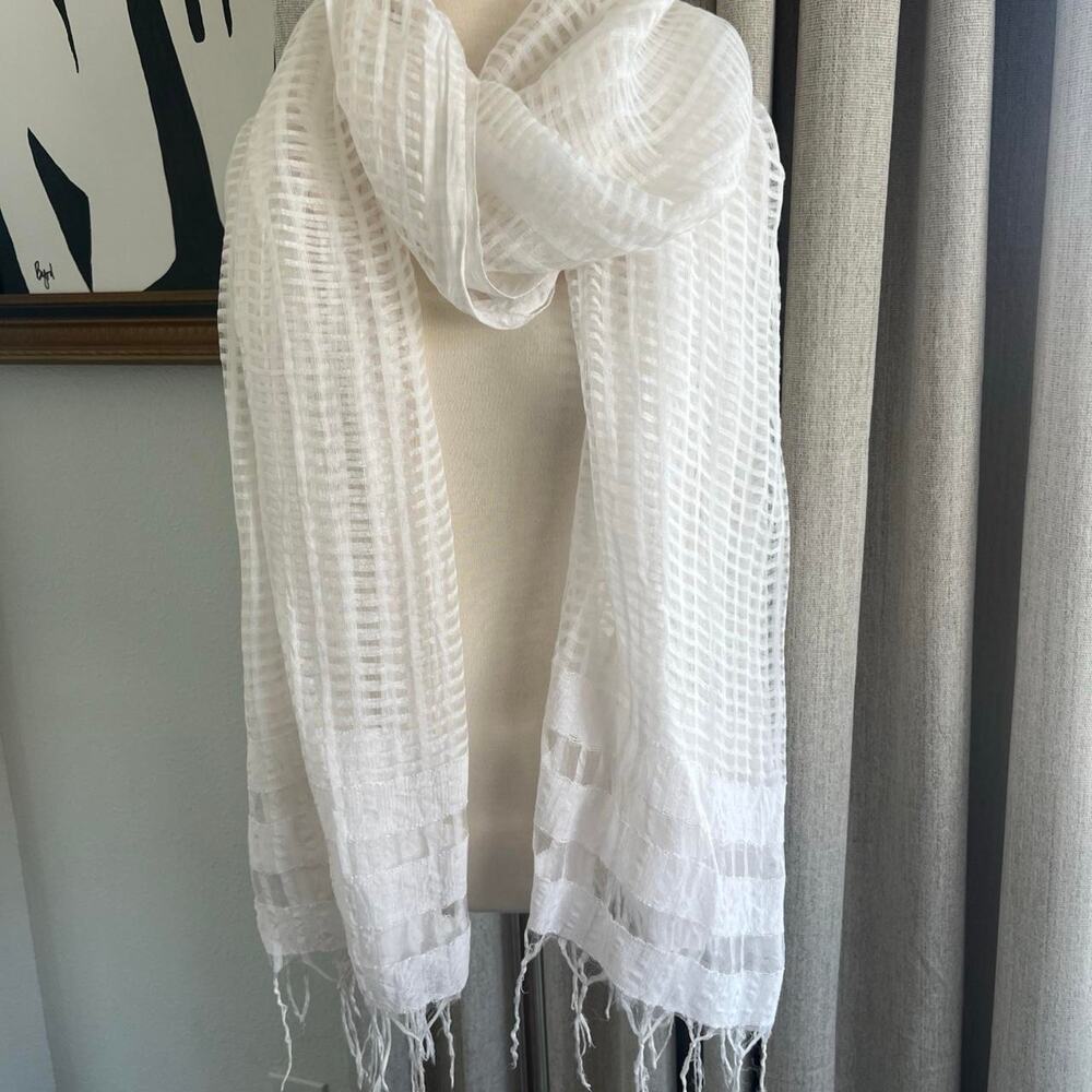 White Oversized Sheer Scarf Grid Windowpane Pattern Fringe Coverup Festival Boho